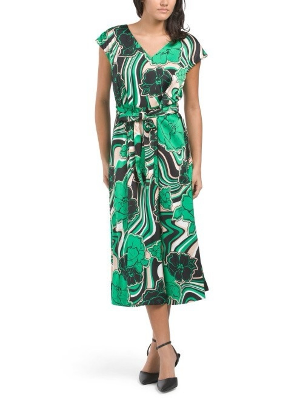 NWT Anne Klein sleeveless self belted fit and flare floral midi dress
